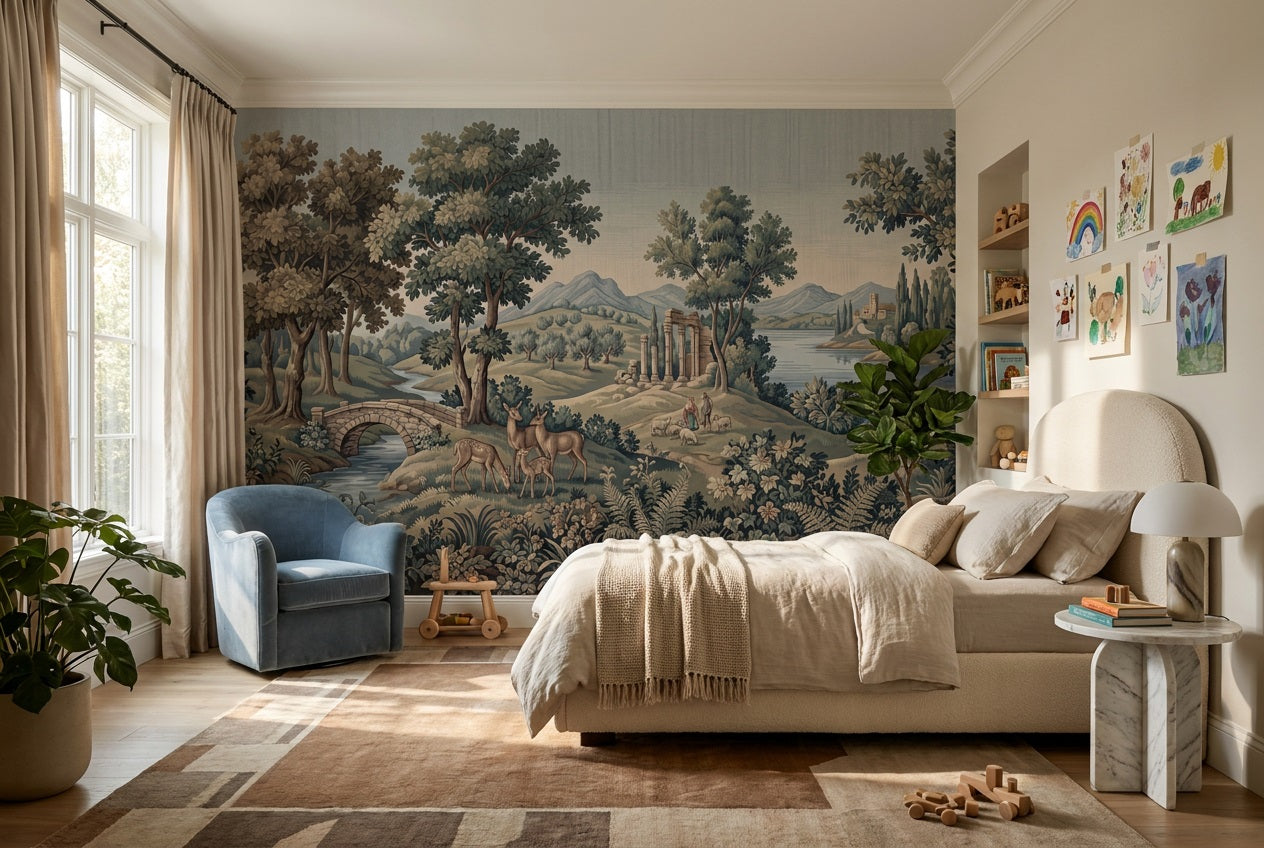 Blue Vintage Forest Tapestry Wallpaper Mural - 4