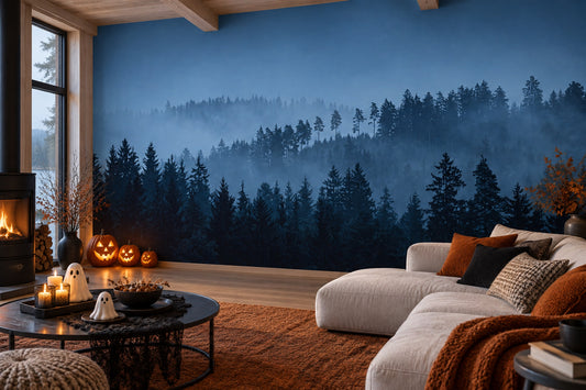 Misty Pine Forest Silhouettes Halloween Wallpaper Mural - image 1