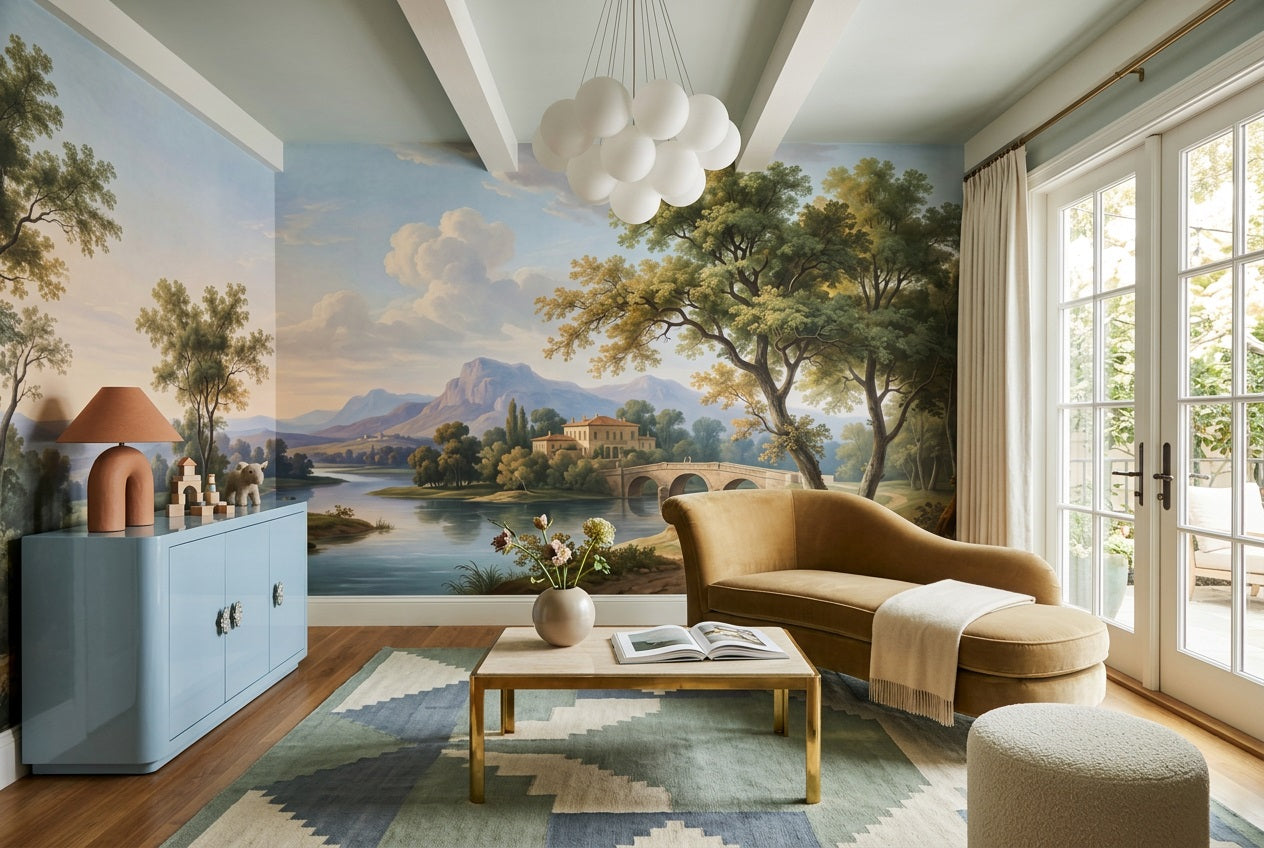 Blue Lakeside Villa Landscape Wallpaper Mural - 6