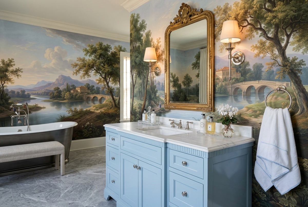 Blue Lakeside Villa Landscape Wallpaper Mural - 3
