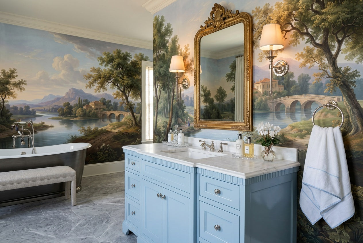 Blue Lakeside Villa Landscape Wallpaper Mural - 3