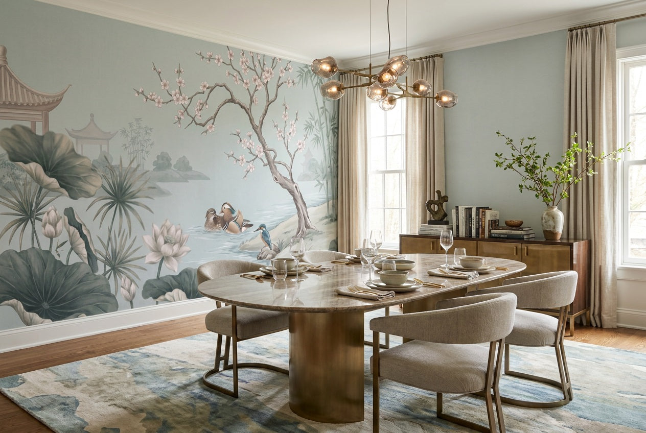 Blue Lotus and Ducks Chinoiserie Wallpaper Mural - 1