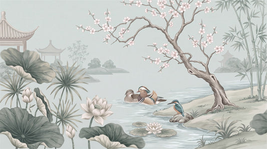 Blue Lotus and Ducks Chinoiserie Wallpaper Mural - 2