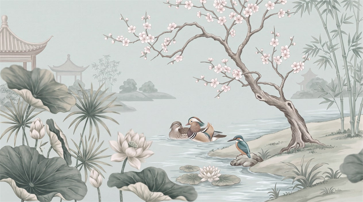 Blue Lotus and Ducks Chinoiserie Wallpaper Mural - 2