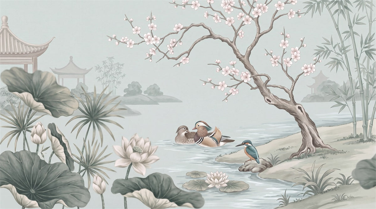 Blue Lotus and Ducks Chinoiserie Wallpaper Mural - 2