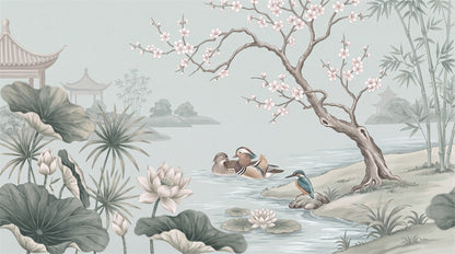 Blue Lotus and Ducks Chinoiserie Wallpaper Mural - 2