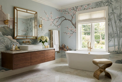 Blue Lotus and Ducks Chinoiserie Wallpaper Mural - 3