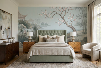 Blue Lotus and Ducks Chinoiserie Wallpaper Mural - 4