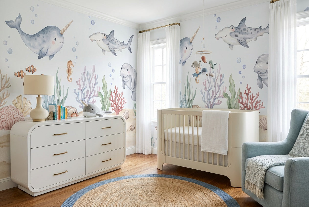 Blue Narwhal Reef Wallpaper Mural view 7