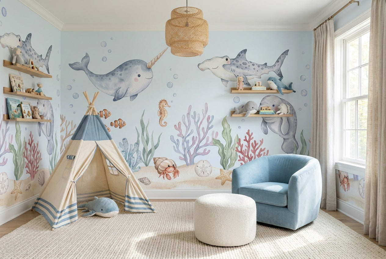 Blue Narwhal Reef Wallpaper Mural view 4