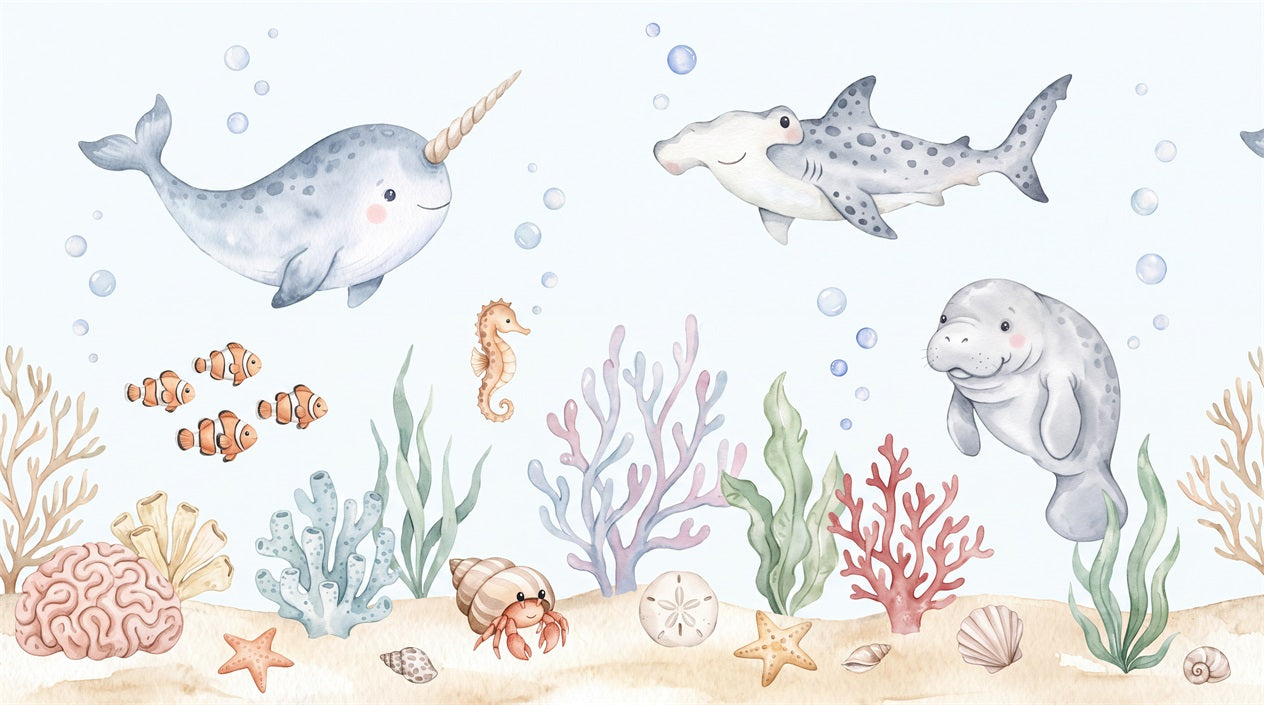 Blue Narwhal Reef Wallpaper Mural artwork