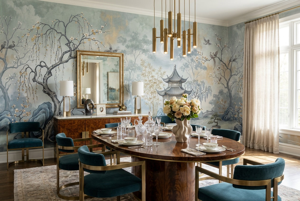 Blue Pavilion Moon Chinoiserie Wallpaper Mural - 1