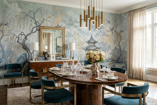 Blue Pavilion Moon Chinoiserie Wallpaper Mural - 1