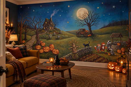 Moonlit Pumpkin Farm Witches and Cottage Halloween Wallpaper Mural - image 1