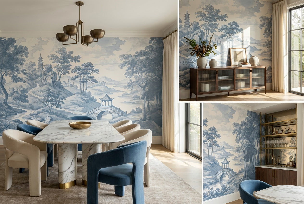 Blue Toile Bridge Chinoiserie Wallpaper Mural - 3