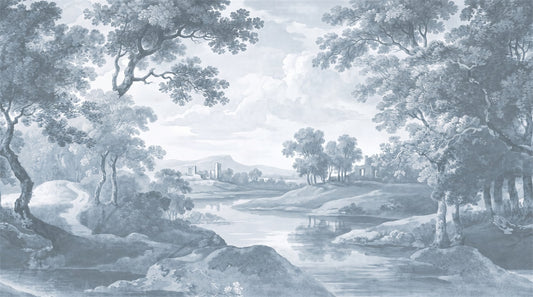 Blue Toile Lake Landscape Wallpaper Mural - 2