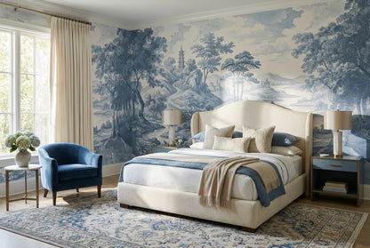 Blue Toile Bridge Chinoiserie Wallpaper Mural - 5