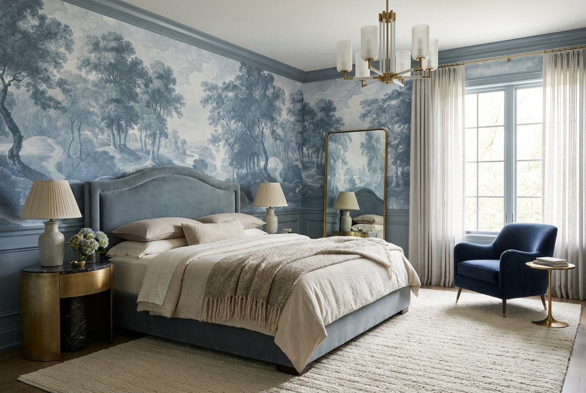 Blue Toile Woodland Landscape Wallpaper Mural - 4