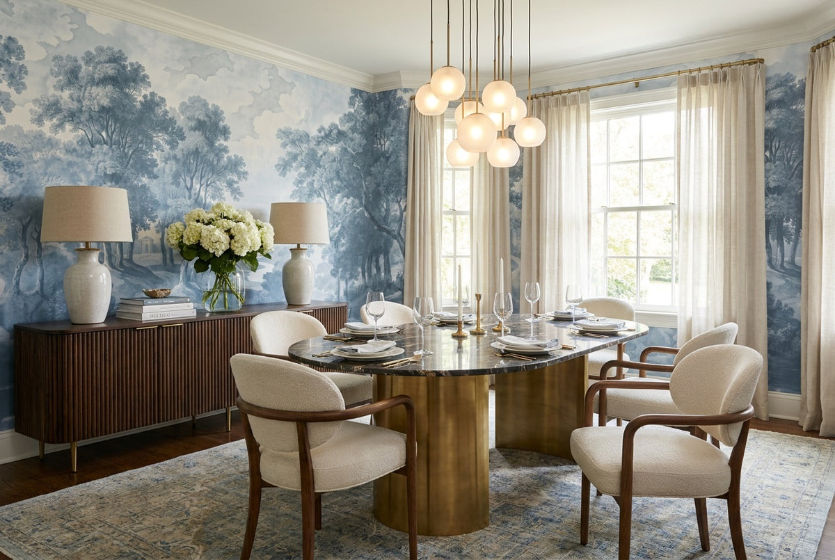 Blue Toile Woodland Landscape Wallpaper Mural - 3