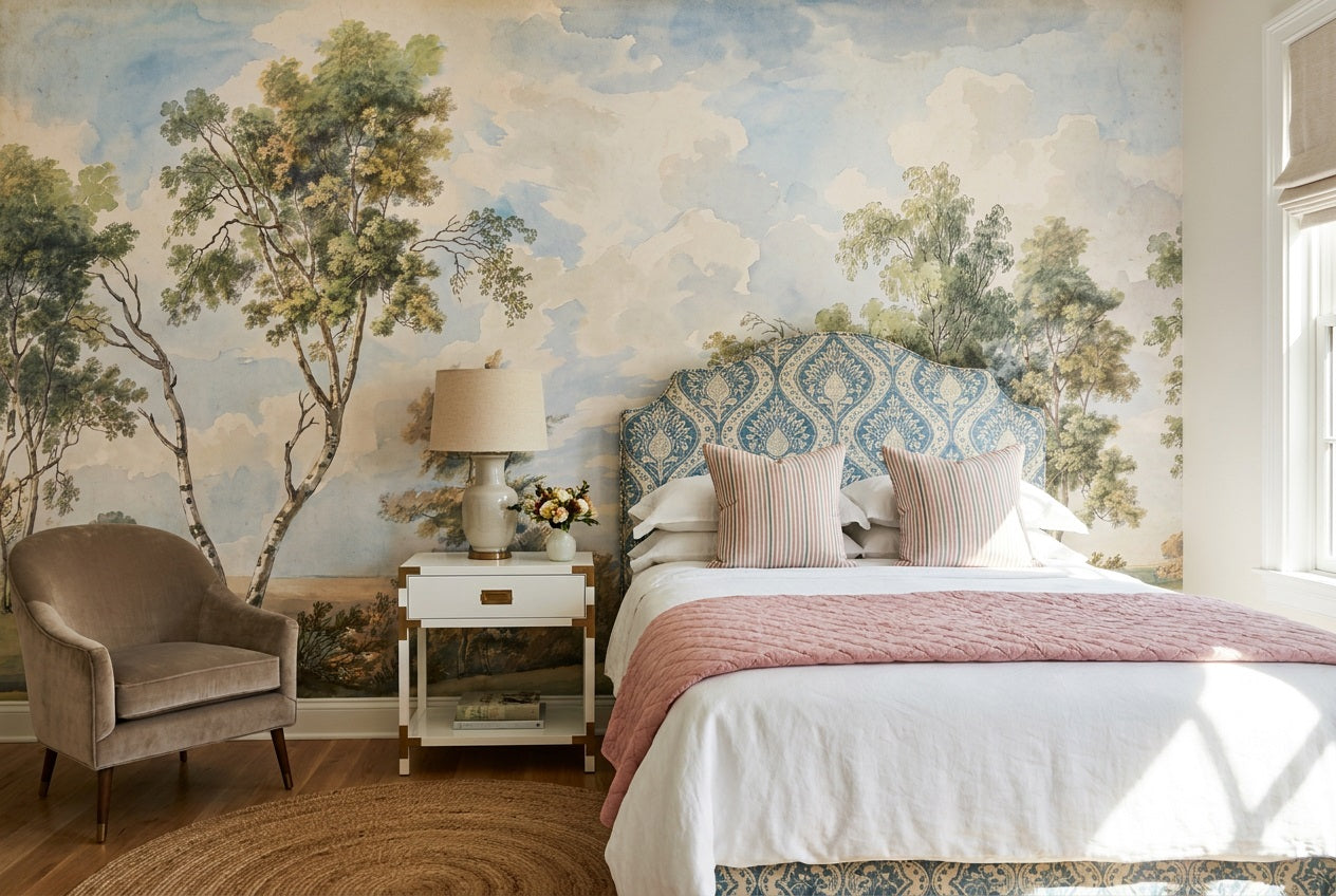 Blue Watercolor Birch Landscape Wallpaper Mural - 5