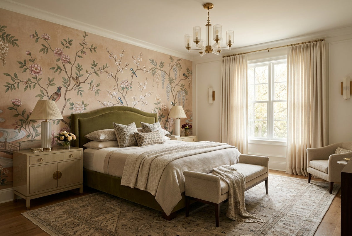 Blush Floral Birds Chinoiserie Wallpaper Mural - 4
