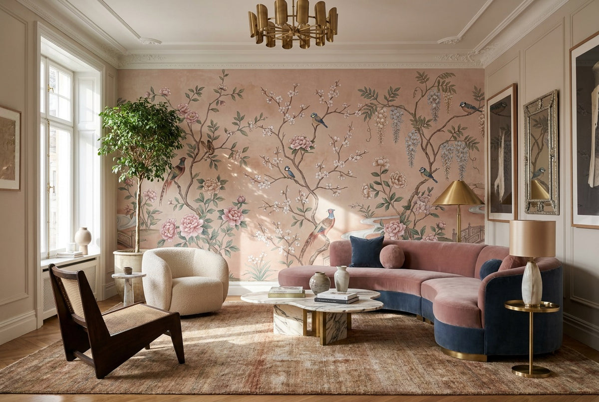 Blush Floral Birds Chinoiserie Wallpaper Mural - 5