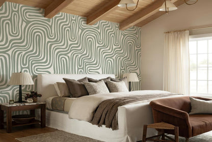 Calm Sage Wavy Stripes Wallpaper Mural - image 1