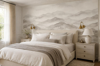 Grey Repeating Misty Mountains Wallpaper Mural - room scene