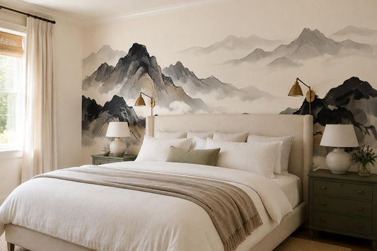 Ink Cream Black Mountains Wallpaper Mural - room scene