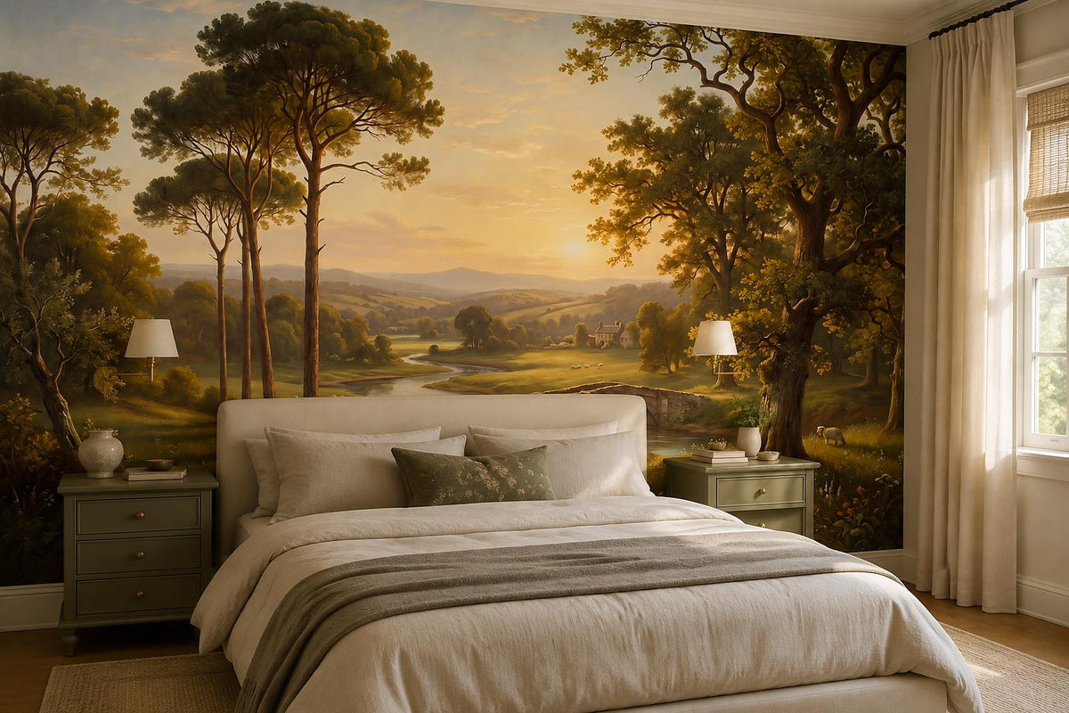 Gold Sunset River Pines Oak Wallpaper Mural - room scene