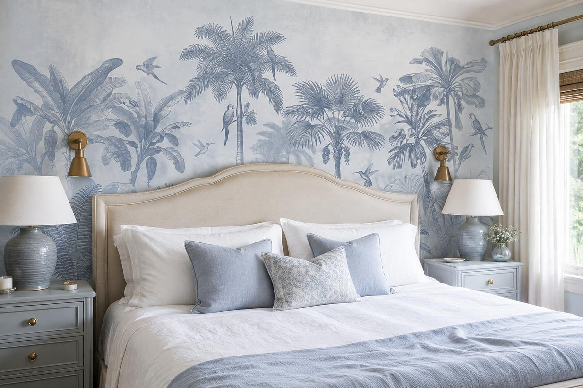 Pale Misty Palms And Birds Wallpaper Mural - room scene
