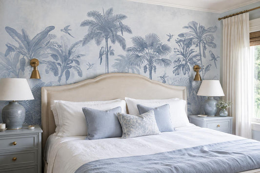 Pale Misty Palms And Birds Wallpaper Mural - room scene