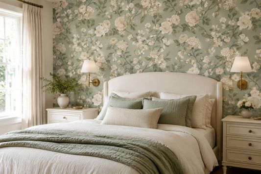 Calm White Roses and Hydrangeas Wallpaper Mural - image 1