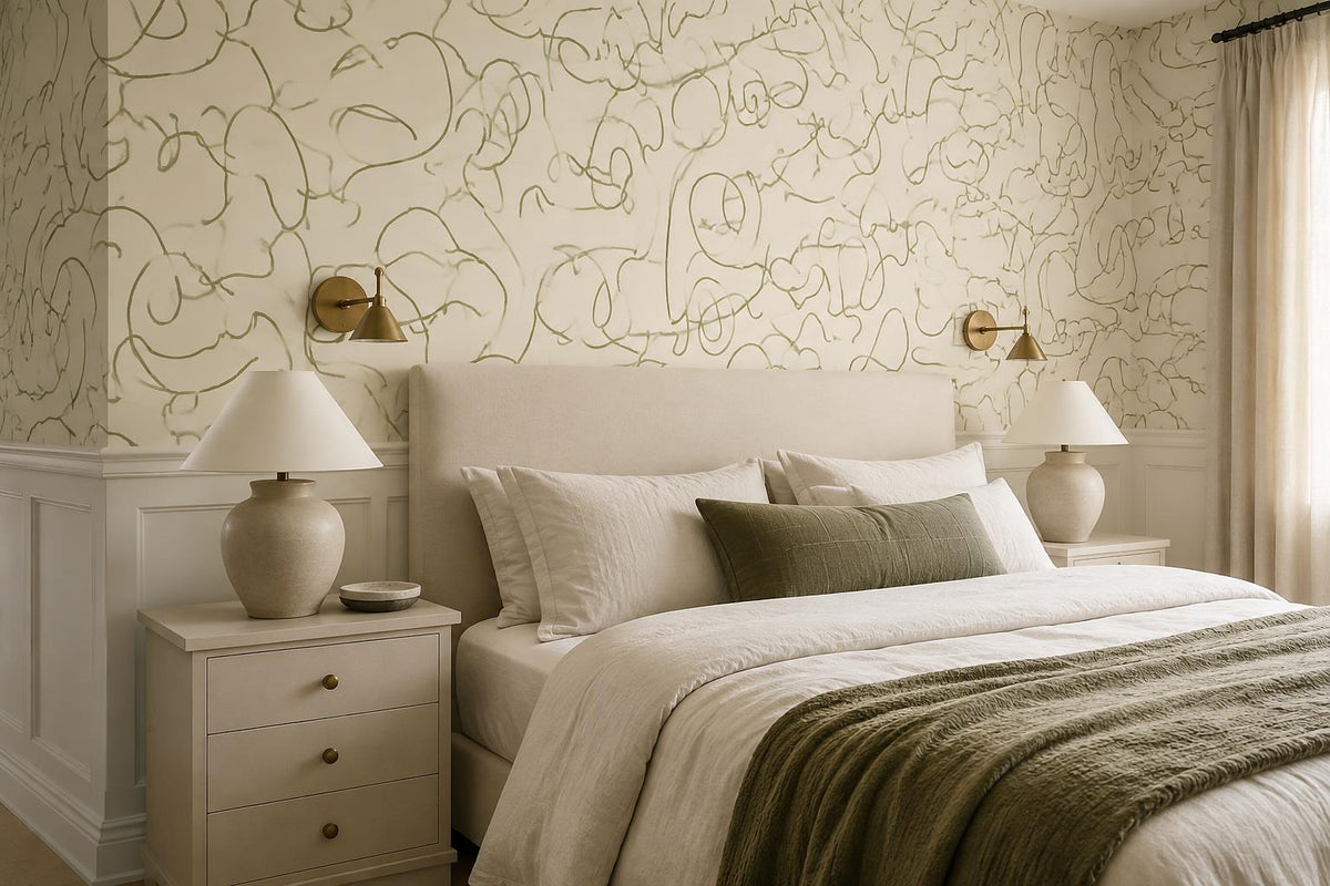 Modern Olive Line Art Faces Wallpaper Mural - image 1