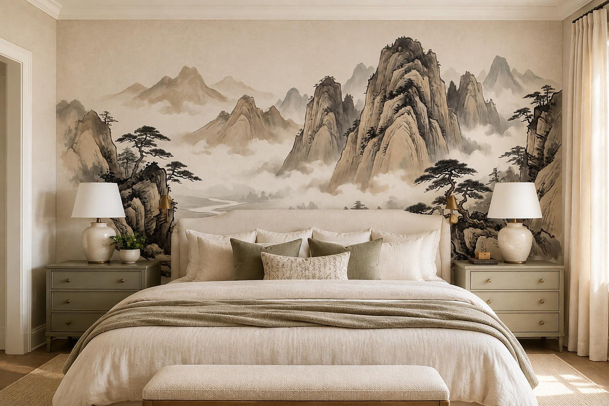 Cream Black Ink Mountains River Wallpaper Mural - room scene