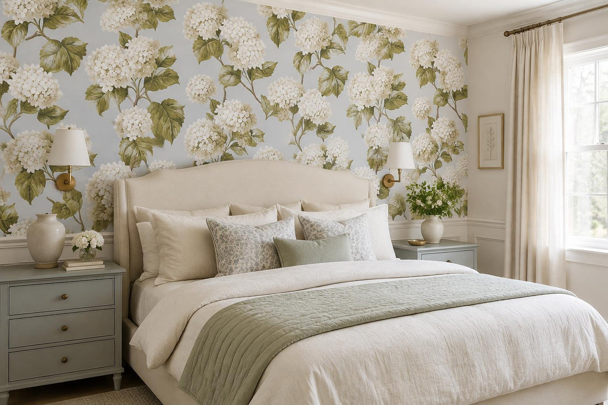 White Hydrangea Blossoms Wallpaper Mural - room scene