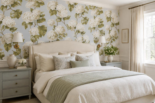 White Hydrangea Blossoms Wallpaper Mural - room scene