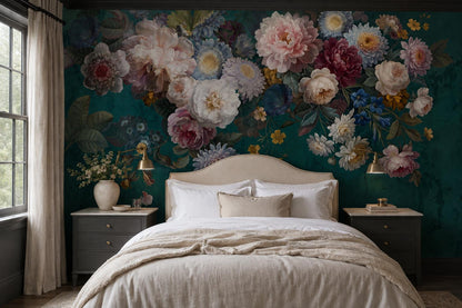 Artistic Flowers On Teal Plaster Wallpaper Mural - image 1