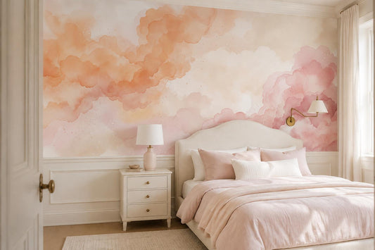 Warm Peach and Pink Ink Clouds Wallpaper Mural - image 1
