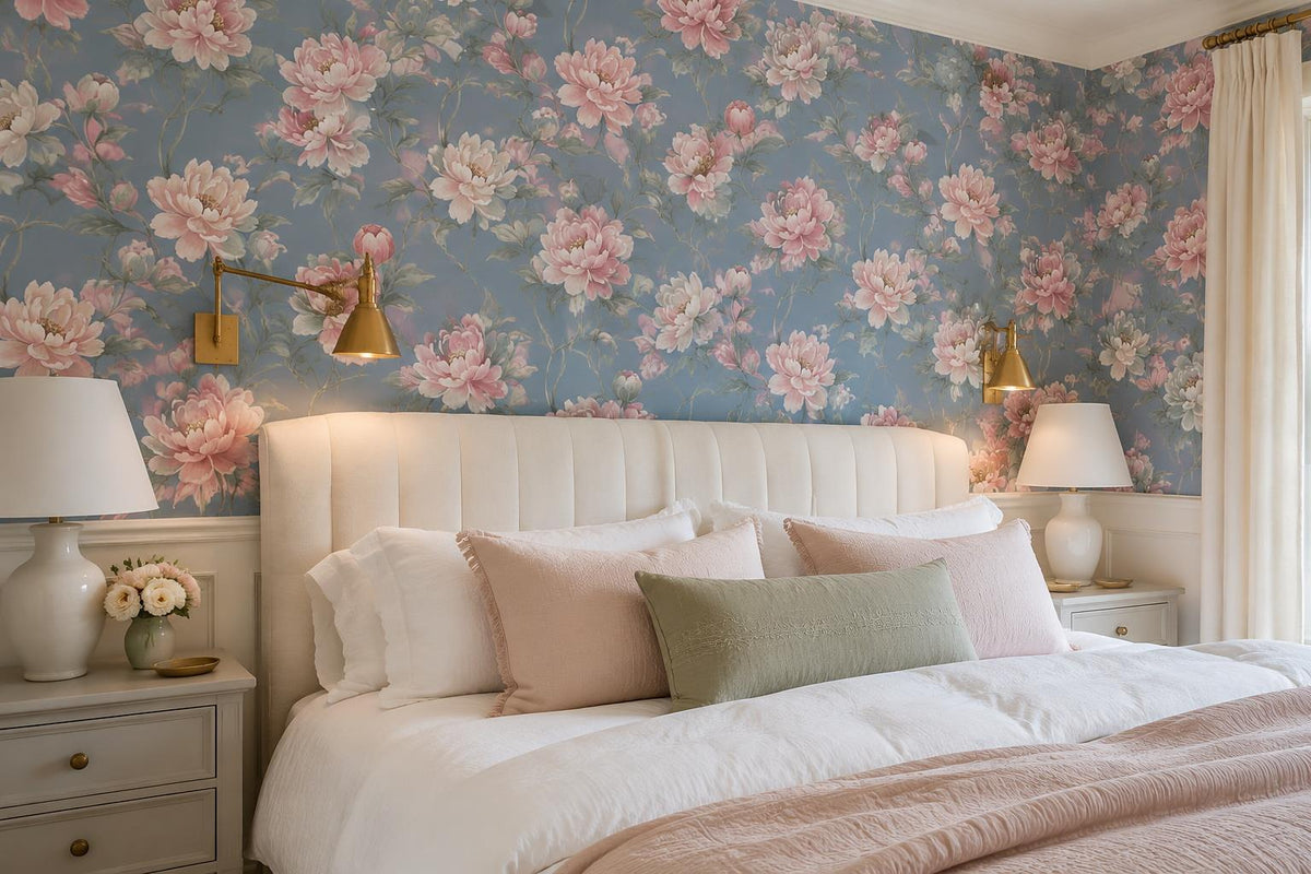 Romantic Pink Peonies On Blue Wallpaper Mural - image 1