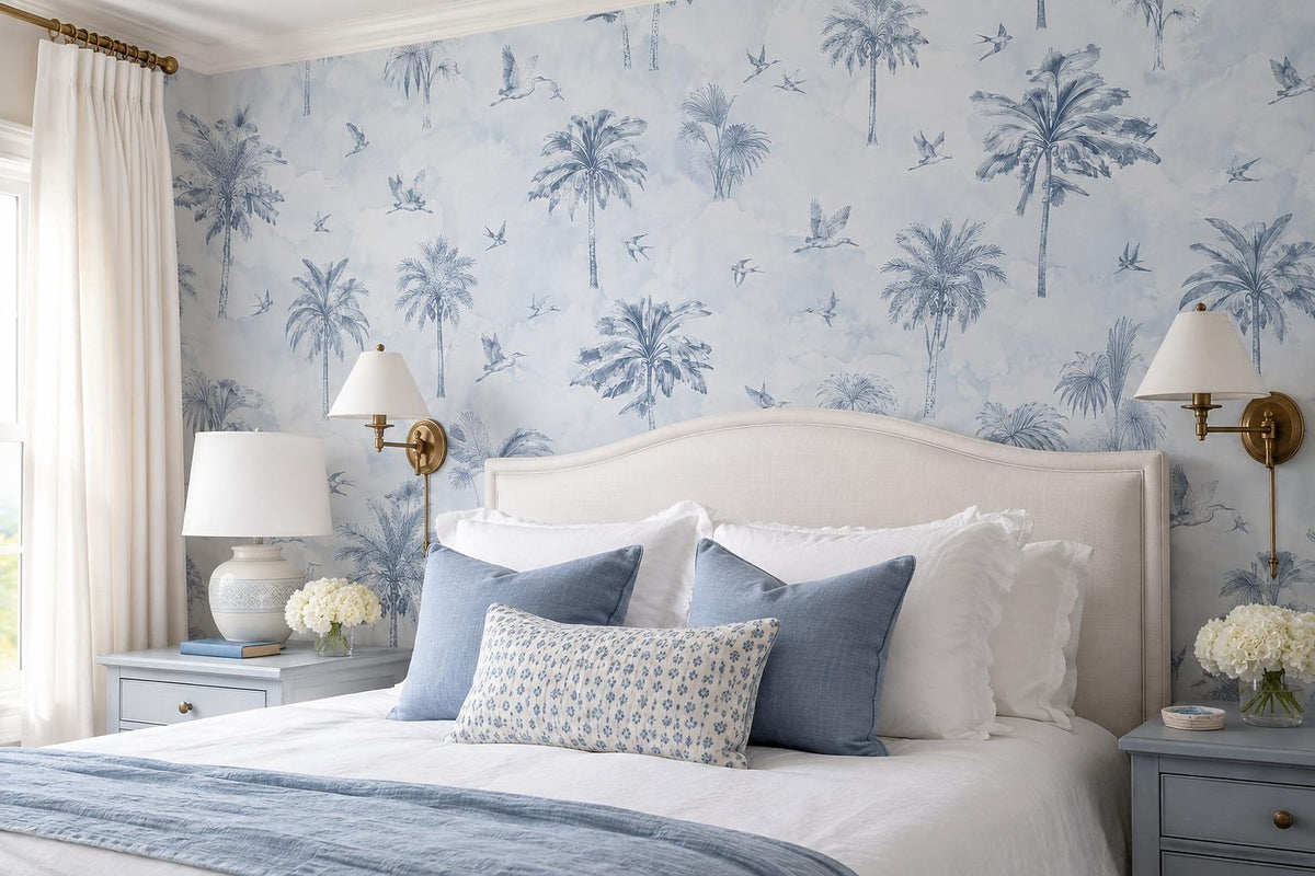 Pale Palm Trees And Flying Birds Wallpaper Mural - room scene