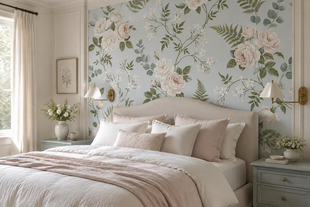 Pale White Roses Foliage Wallpaper Mural - room scene