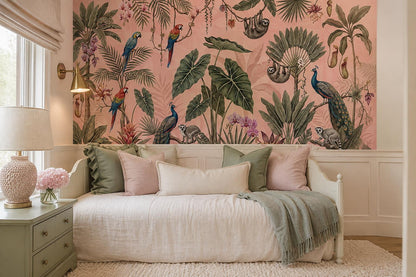 Lively Peacocks Parrots and Sloth Wallpaper Mural - image 1