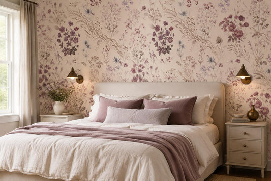 Delicate Mauve Wildflower Line Art Wallpaper Mural - image 1