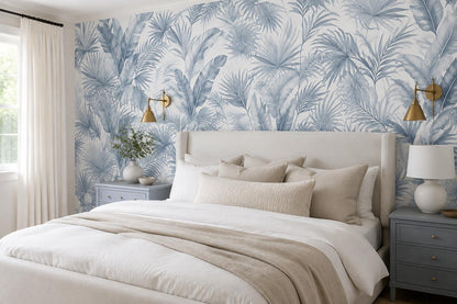Cool Blue Tropical Leaves Wallpaper Mural - image 1