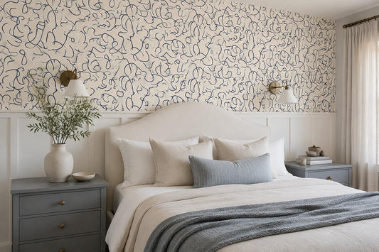 Graphic Blue Line Art Faces Wallpaper Mural - image 1