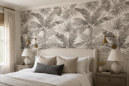 Calm Grey Tropical Leaves Wallpaper Mural - image 1