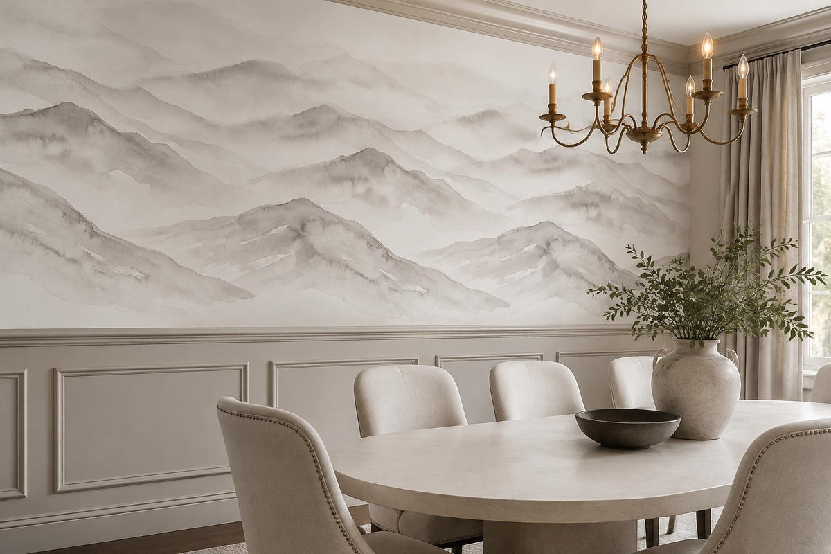 Grey Repeating Misty Mountains Wallpaper Mural - room view 2