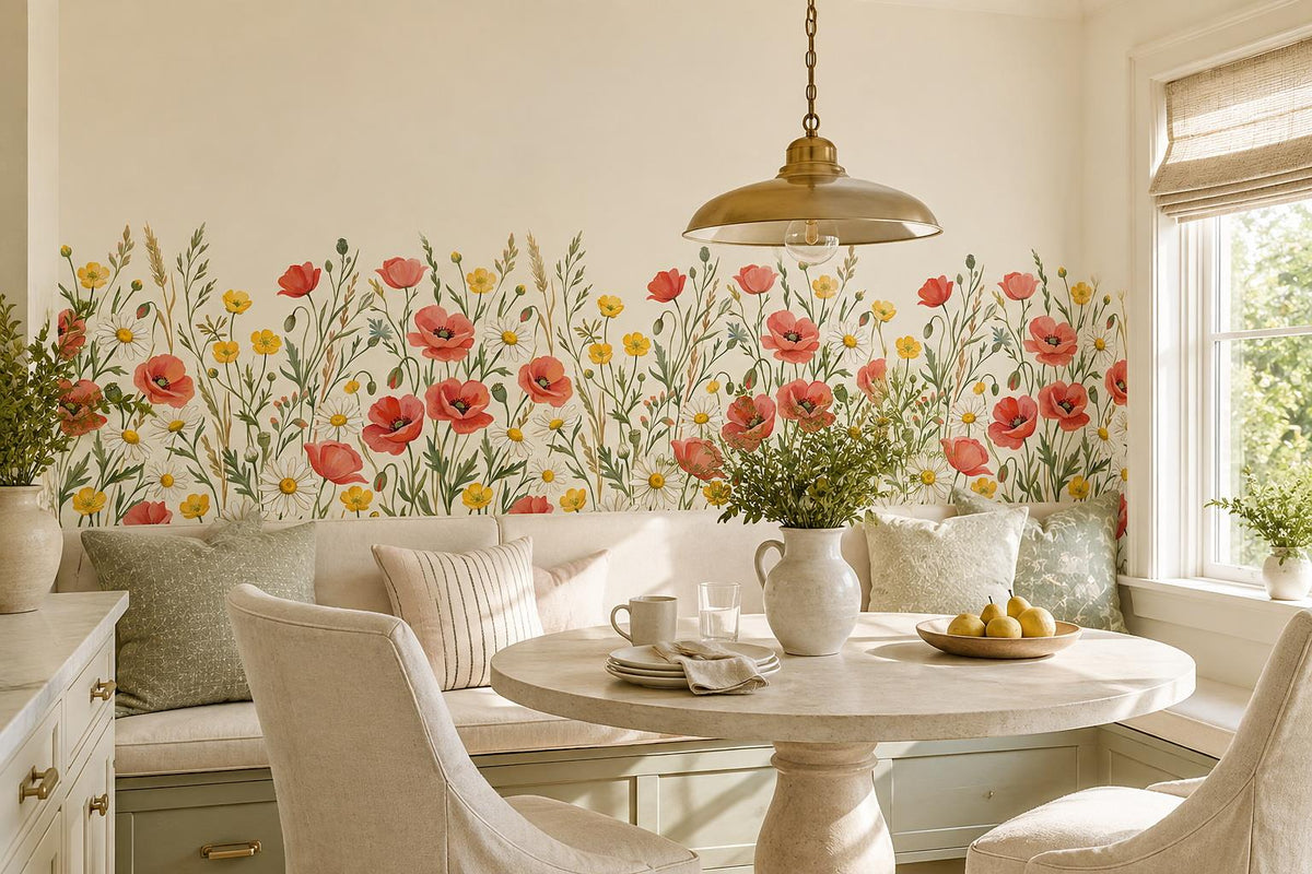 White Poppies Daisies Wallpaper Mural - room scene