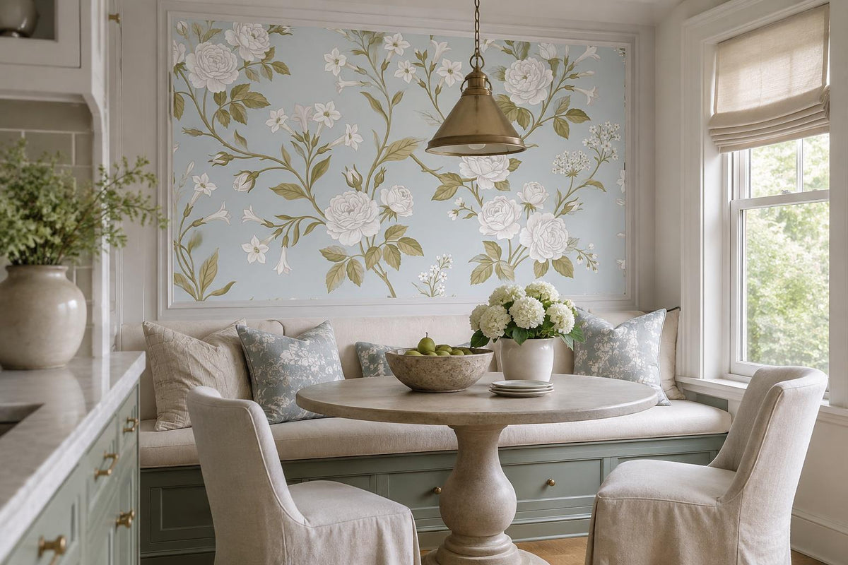 Pale White Roses On Branches Wallpaper Mural - room scene